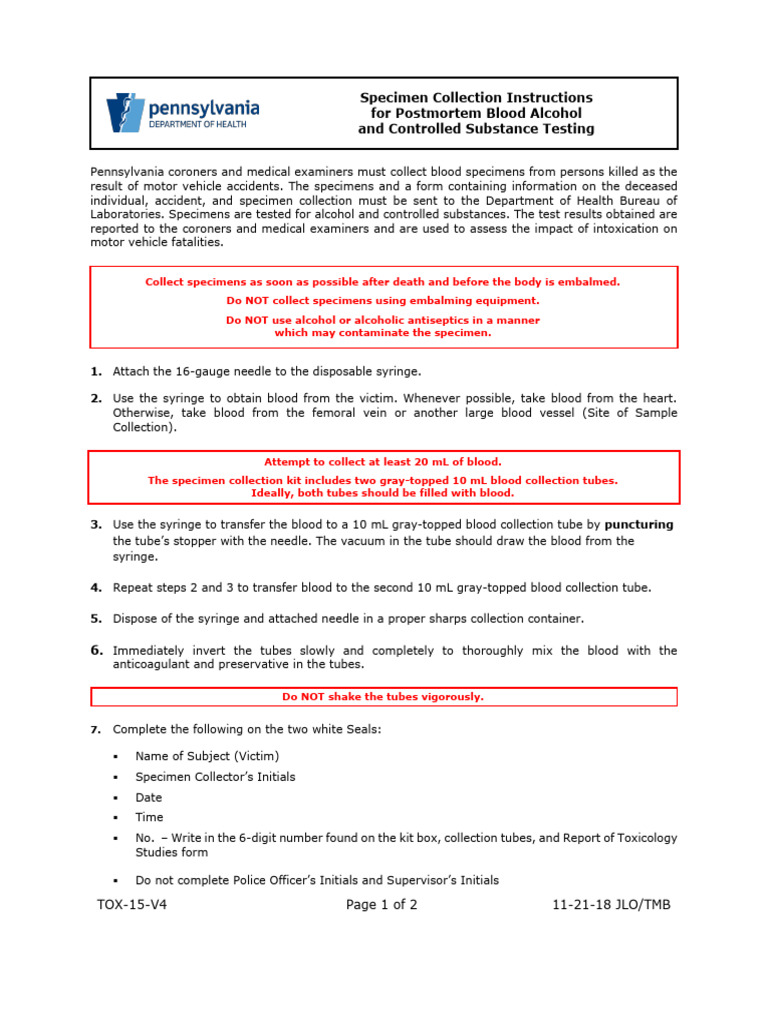 Postmortem Specimen Collection Instructions Pdf Syringe Autopsy