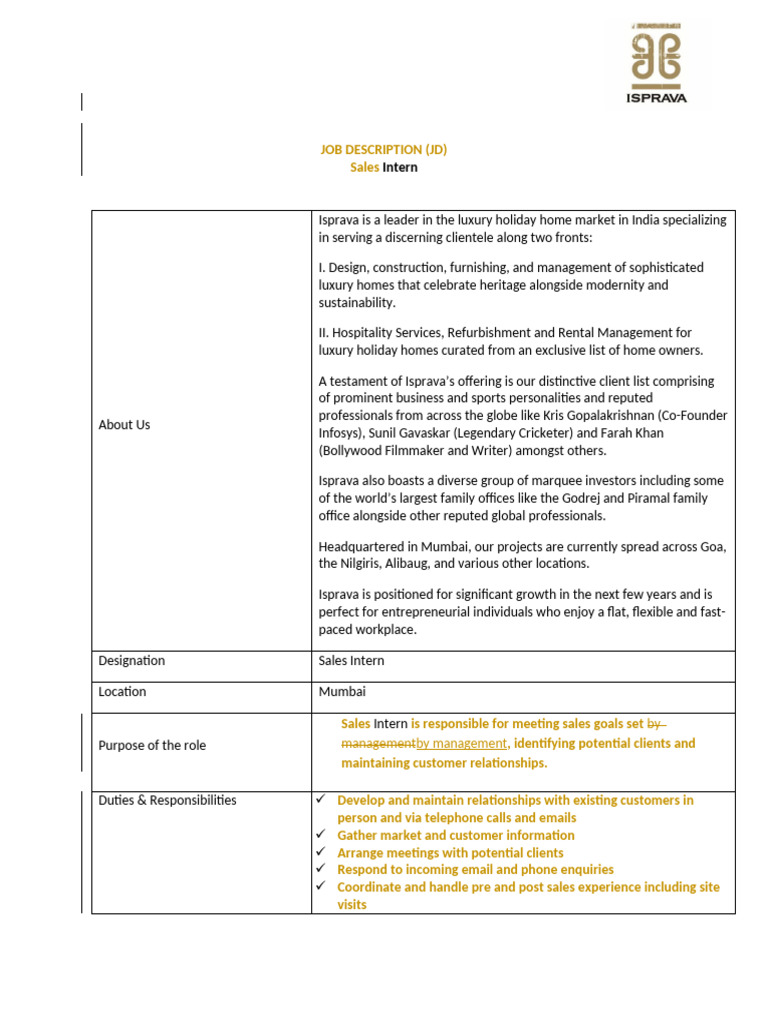 Sales Intern Job Description at Isprava | PDF | Sales | Economies