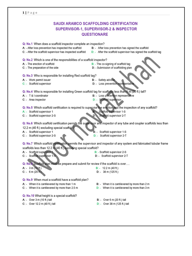 Saudi Aramco Scaffolding Certification Quiz | PDF | Scaffolding | Equipment