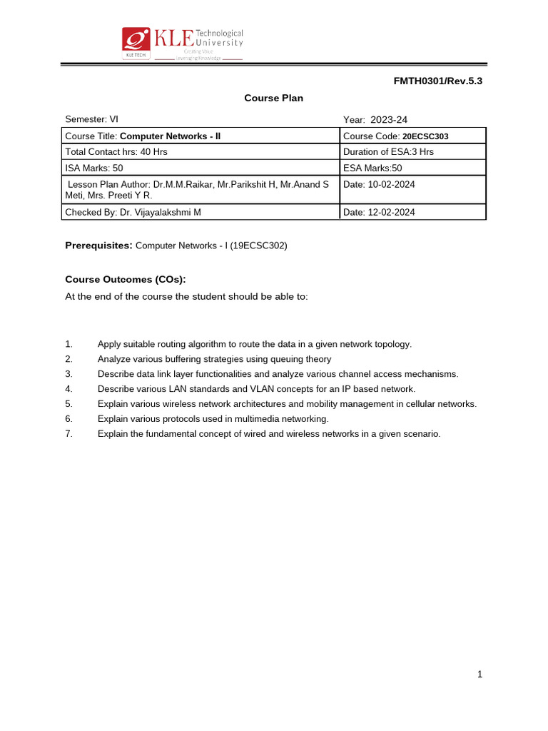 Computer Networks II Course Plan 2023-24 | PDF | Computer Network | Routing