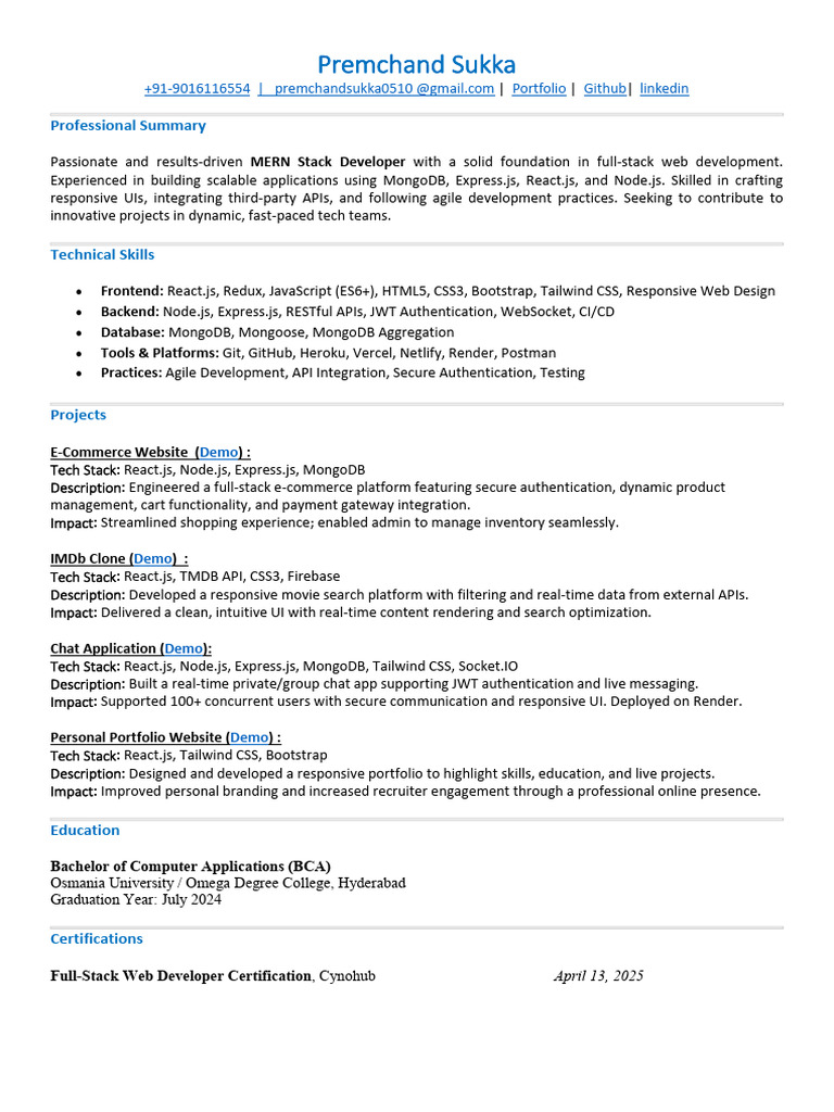 MERN Stack Developer Portfolio | PDF