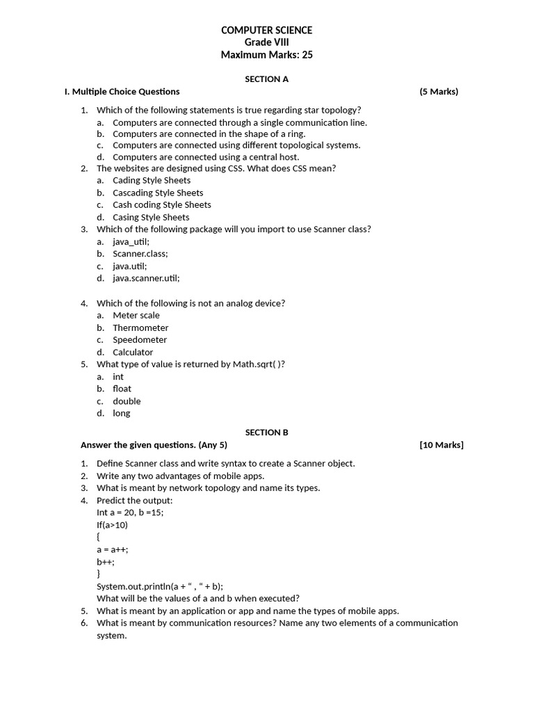 Grade VIII Computer Science Exam Guide | PDF | Computing | Computer ...