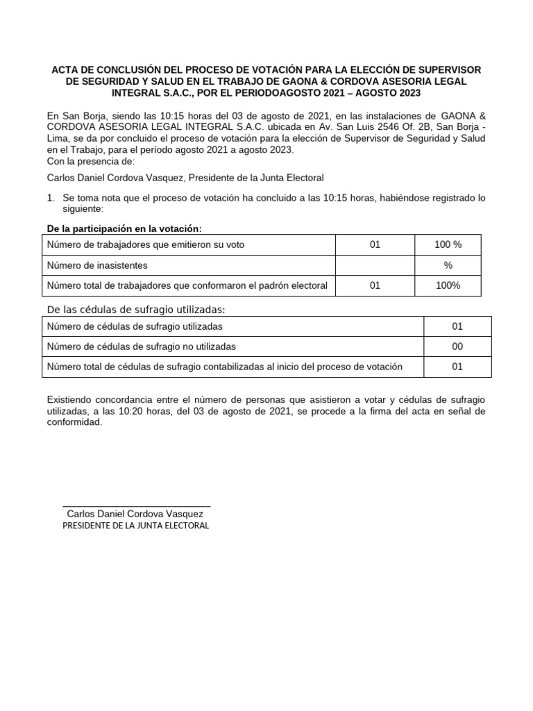 9 Acta Conclusión Proceso de Votacion SSST G&C | PDF