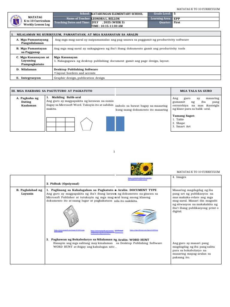 Thurs Day DLL Matatag - Epp 5 q1 w3 | PDF