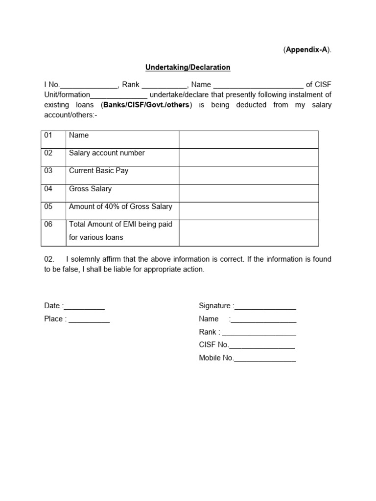 CISF Loan Declaration Form Template | PDF