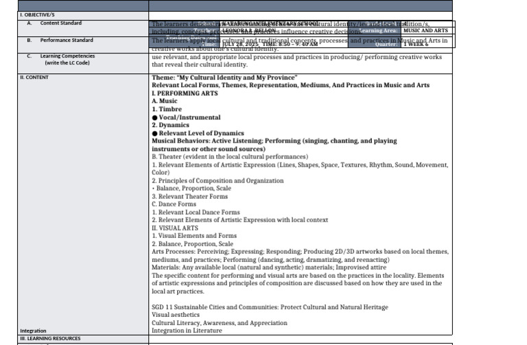Grade 4 Music and Arts Lesson Plan | PDF | The Arts | Learning