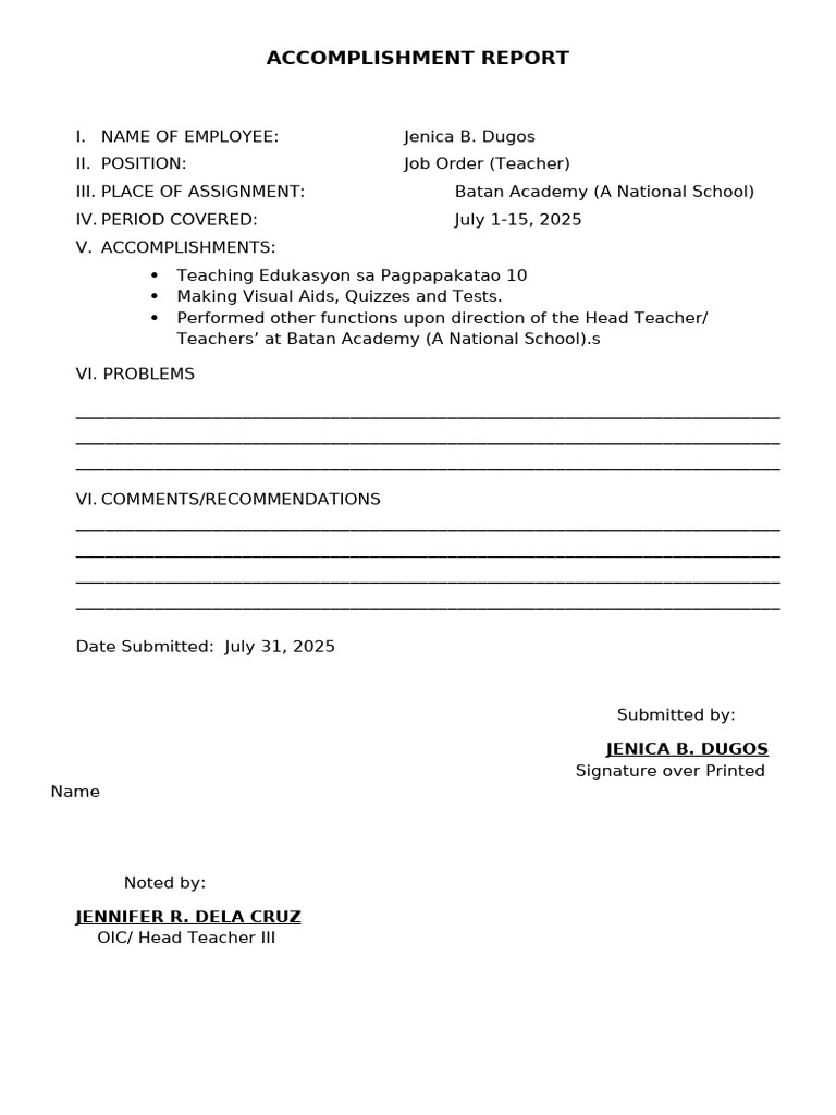 Accomplishment Report: Jenica Dugos | PDF