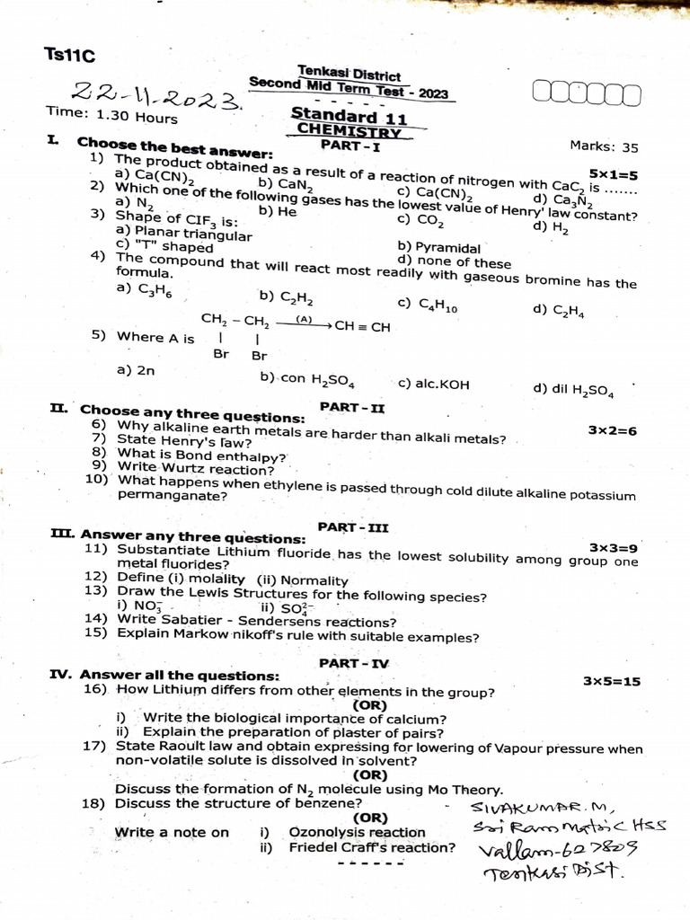 11th Chemistry Mid Term Exam 2023 | PDF | Physical Sciences | Chemistry