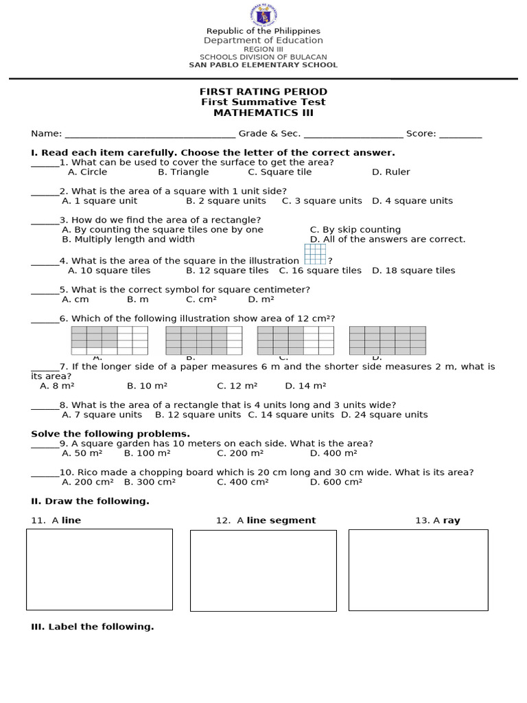 Math III Summative Test for Grade 3 | PDF | Area | Rectangle