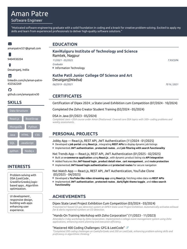 Software Engineer Resume of Aman Patre | PDF | Computer Science | World ...