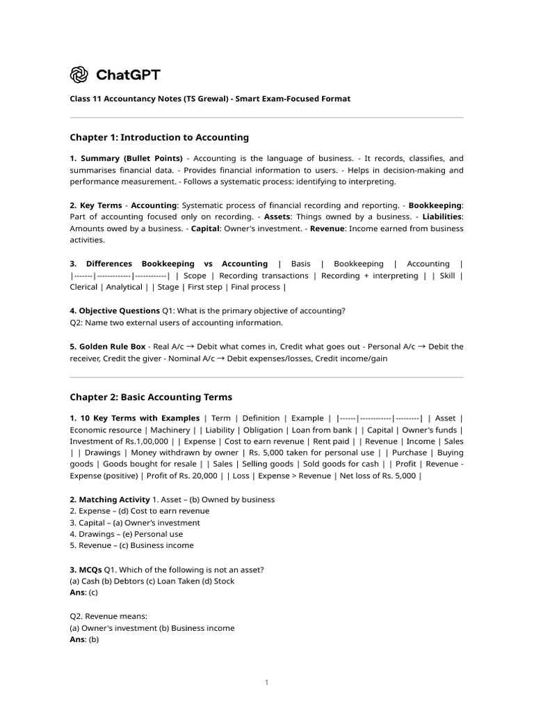 Class 11 Accountancy Notes Overview | PDF | Debits And Credits | Accounting