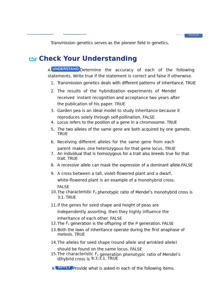 Lesson 1.1 Mendelian Laws of Inheritance Check Your Understanding | PDF