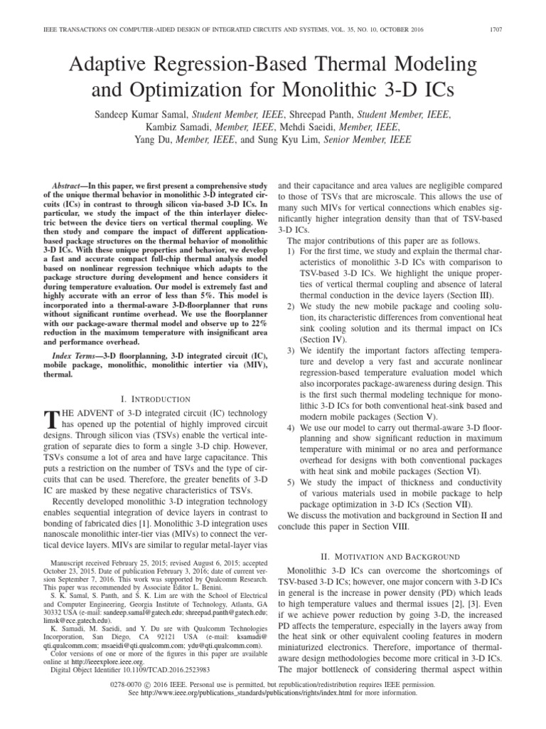 Thermal Modeling for Monolithic 3-D ICs | PDF | Integrated Circuit ...