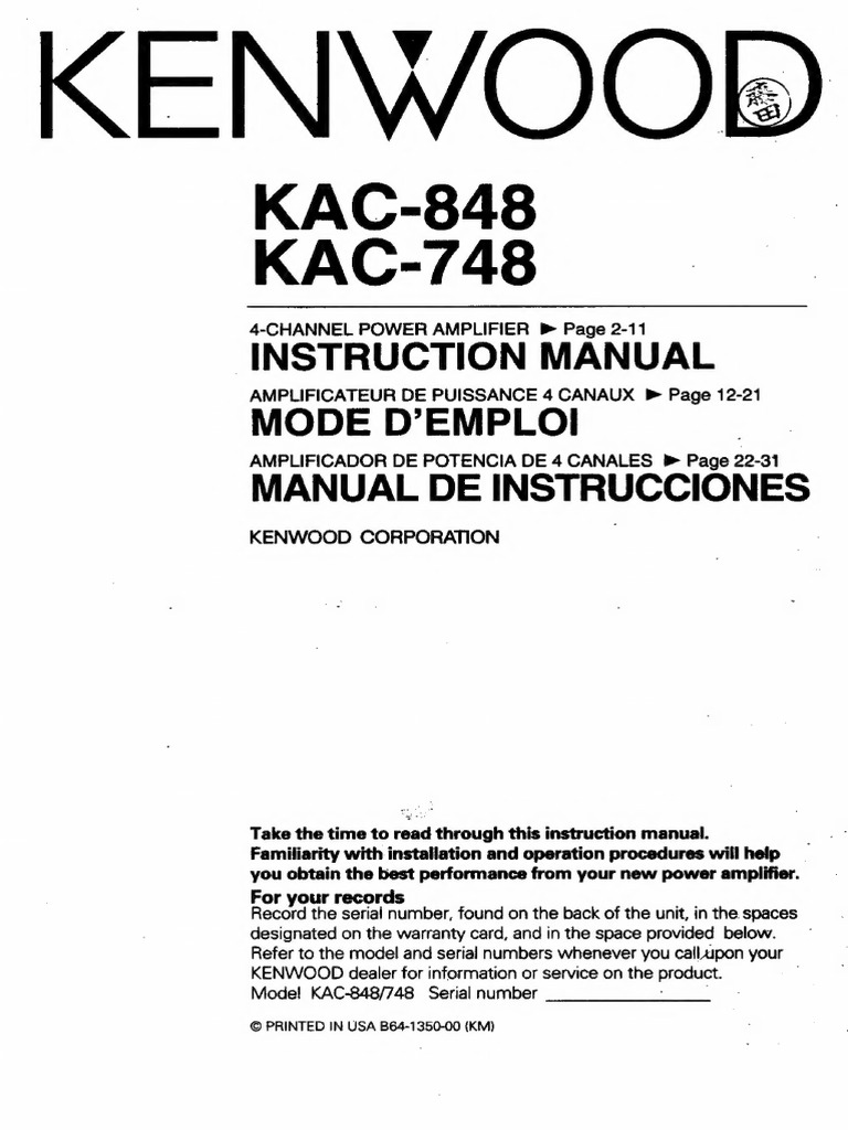 Kenwood KAC-848 Amplifier Manual | PDF | Amplifier | Loudspeaker