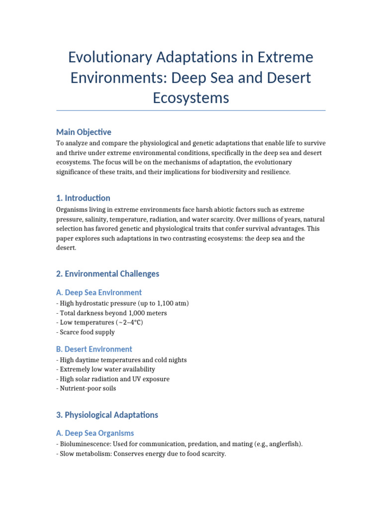 Evolutionary Adaptations Extreme Environments | PDF | Deep Sea | Adaptation
