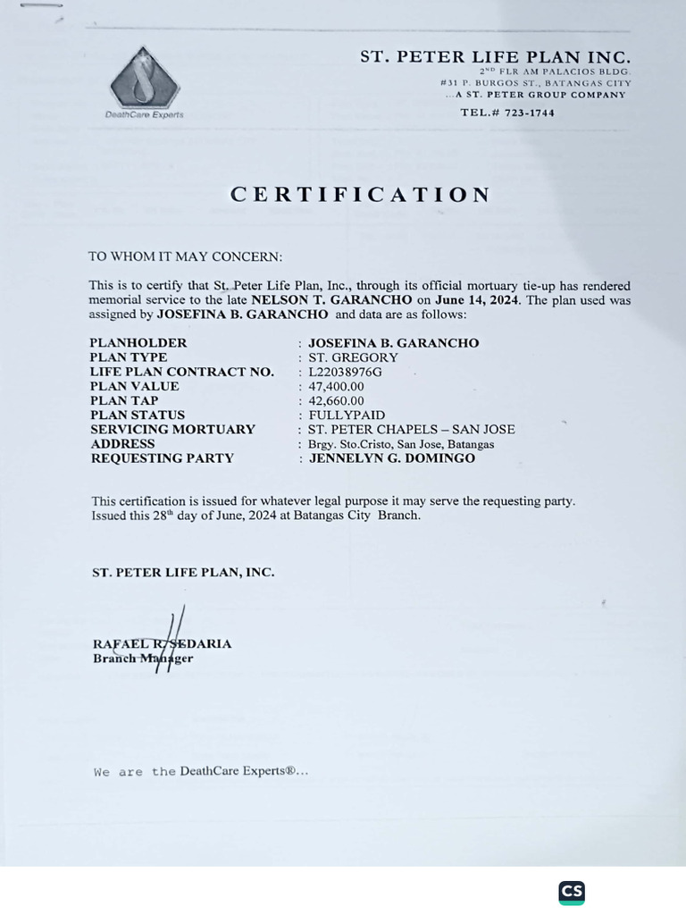 St. Peter Certificate and Statement of Account - Garancho-Nelson | PDF