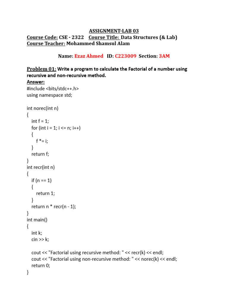Data Structures Lab Assignment Solutions | PDF | Computer Programming | C++