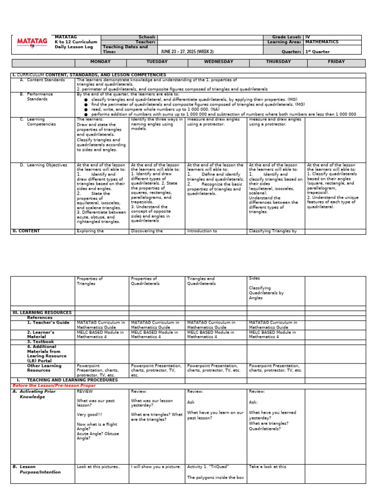 K-12 Math Lesson Plan: Triangles & Quadrilaterals | PDF | Triangle ...