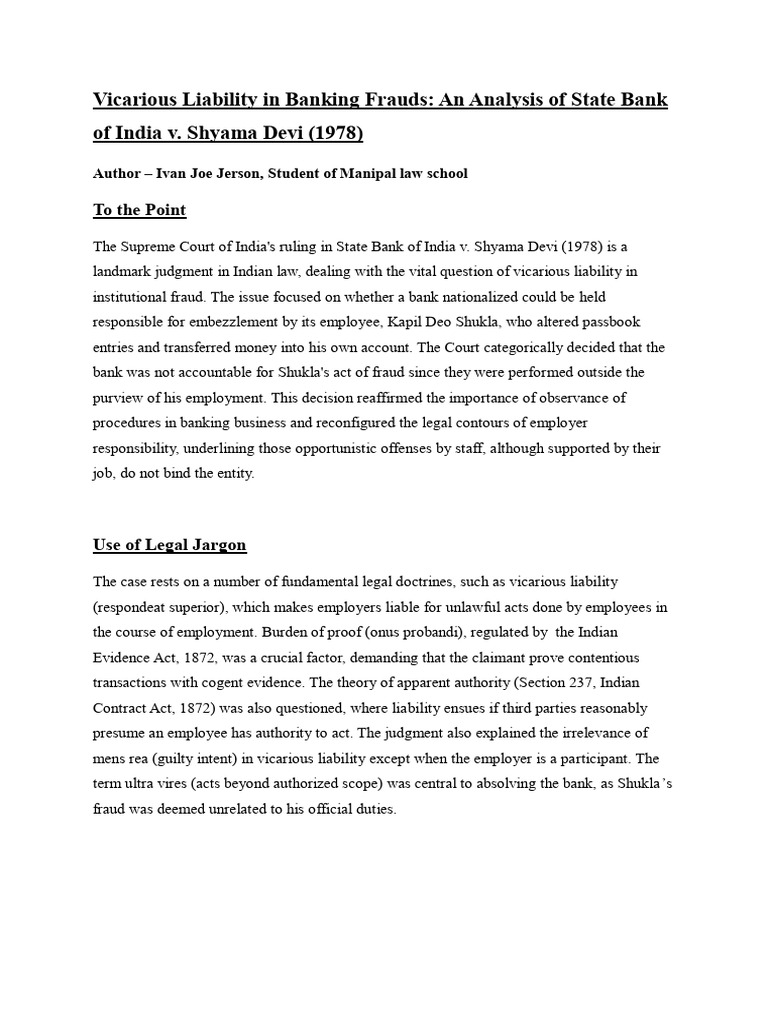SBI v. Shyama Devi: Vicarious Liability Analysis | PDF | Legal ...
