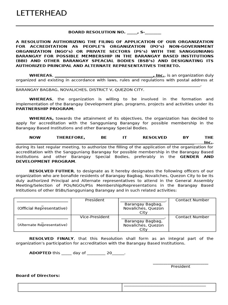 Board Resolution For Accreditation Pdf