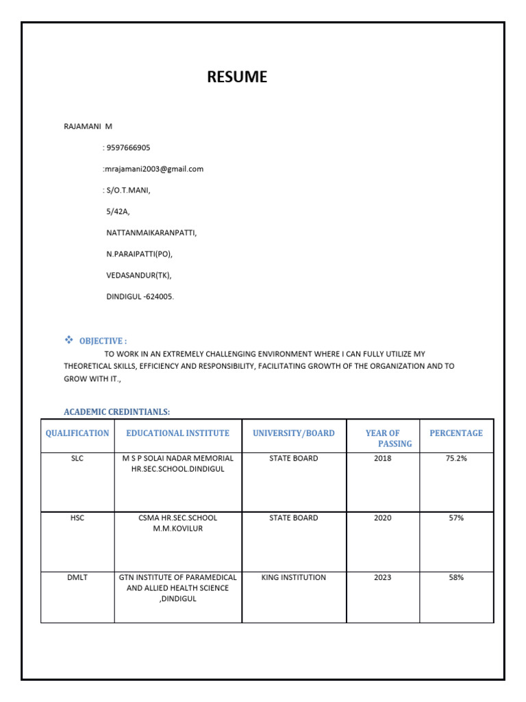 Resume of M. Rajamani - Lab Technician | PDF