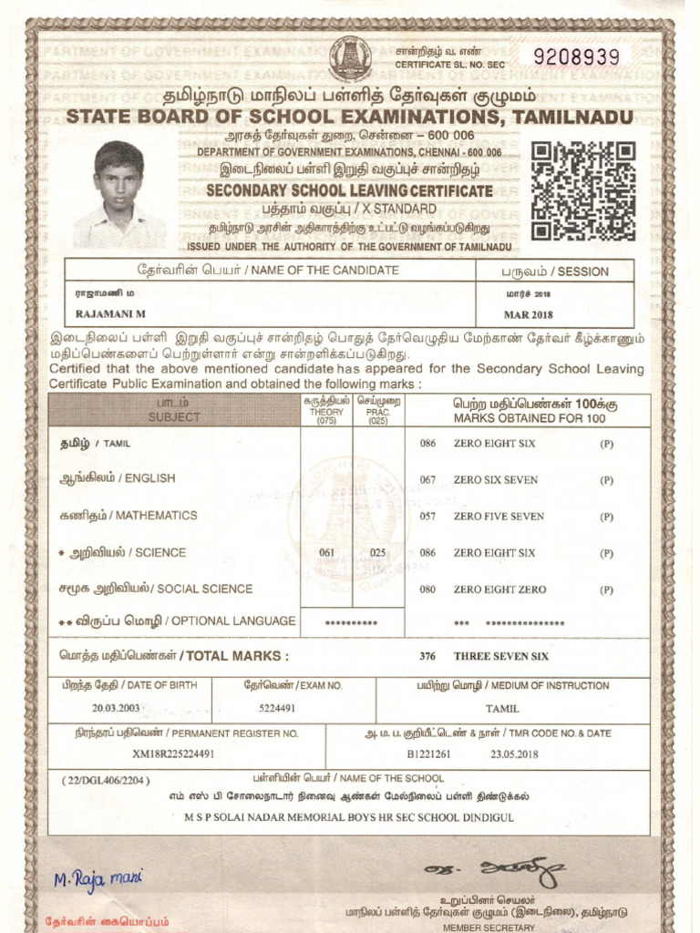 RAJAMANI Certificate Document | PDF