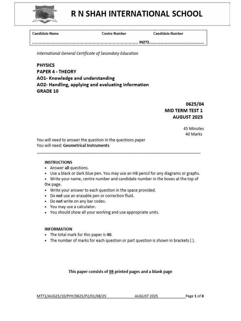 Sample Paper 4 Physics G10 | PDF | Electric Current | Transformer