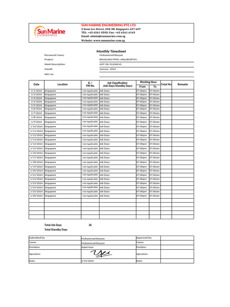 January 2024 Timesheet for FPSO Project | PDF