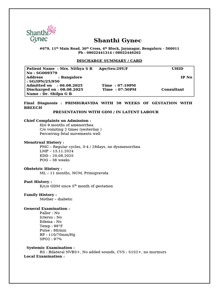Elective LSCS Discharge Summary | PDF | Clinical Medicine | Medical ...