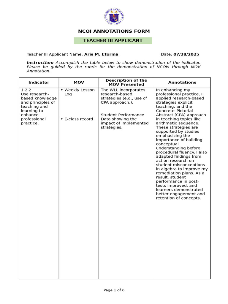 NCOI Annotation Form for Teacher III | PDF | Learning | Annotation