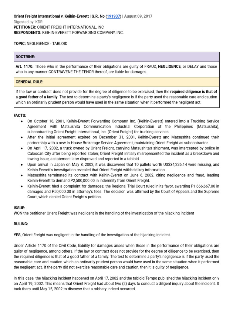 Negligence Case: Orient Freight v. Keihin | PDF | Negligence | Duty Of Care