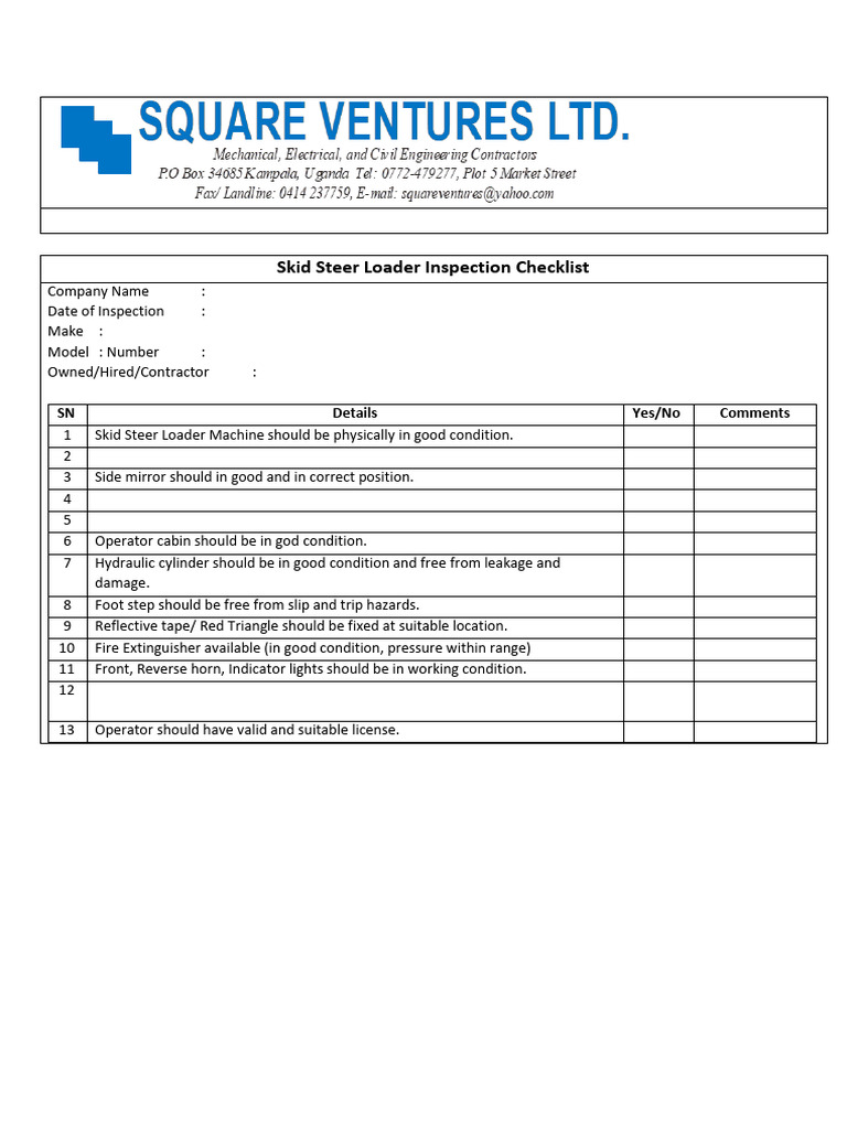 Skid Steer Loader Safety Checklist | PDF