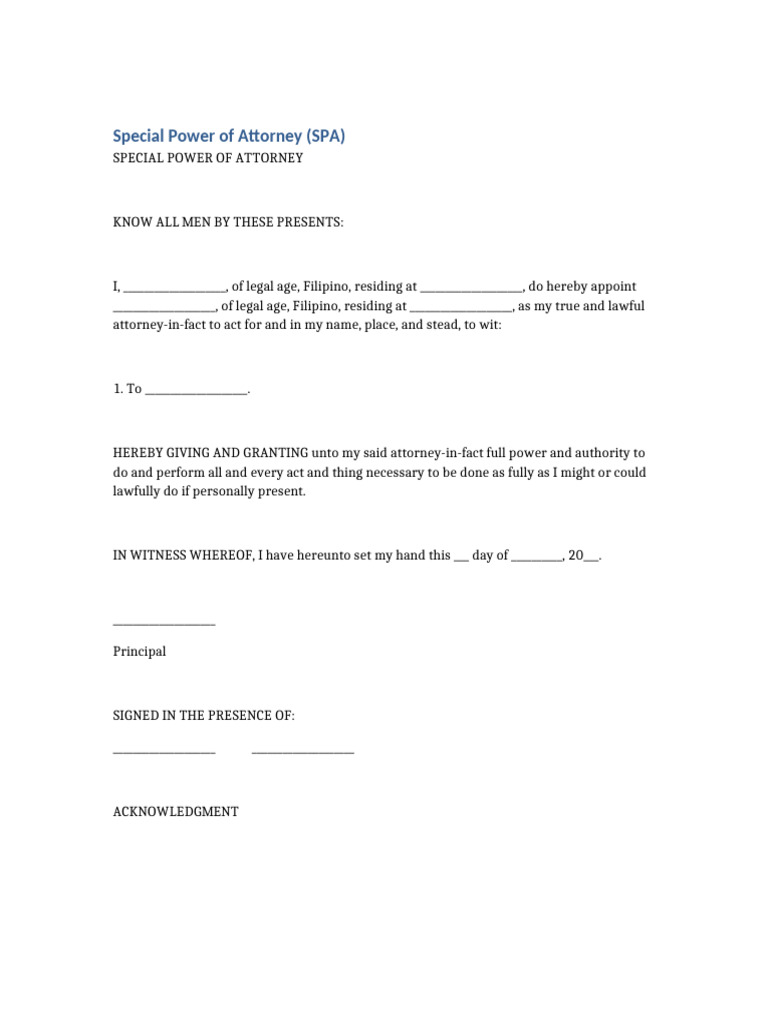 Special Power of Attorney (SPA) | PDF