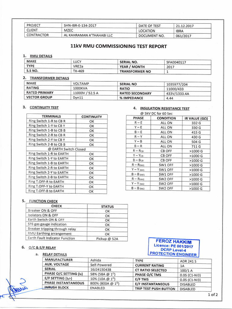 11kV RMU Commissioning Test Report | PDF | Electricity | Components