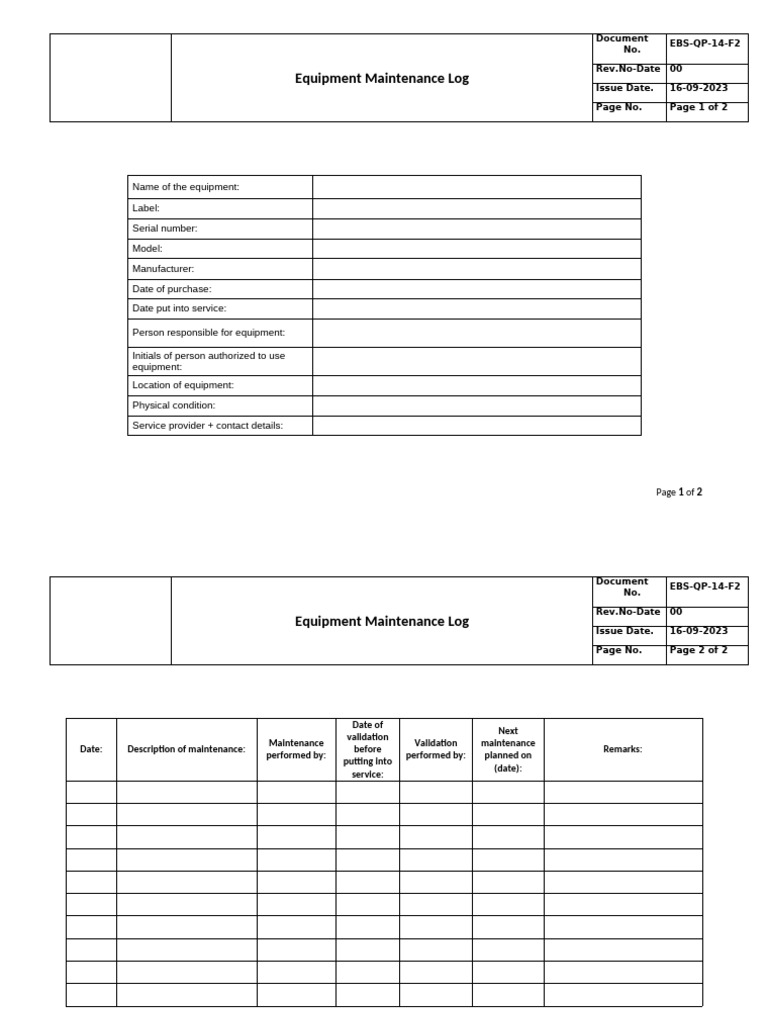 EBS-QP-14-F2 Equipment Maintenance Log | PDF