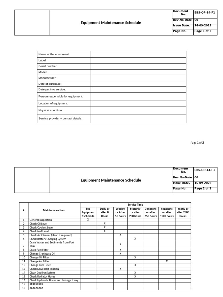 Equipment Maintenance Schedule Template | PDF