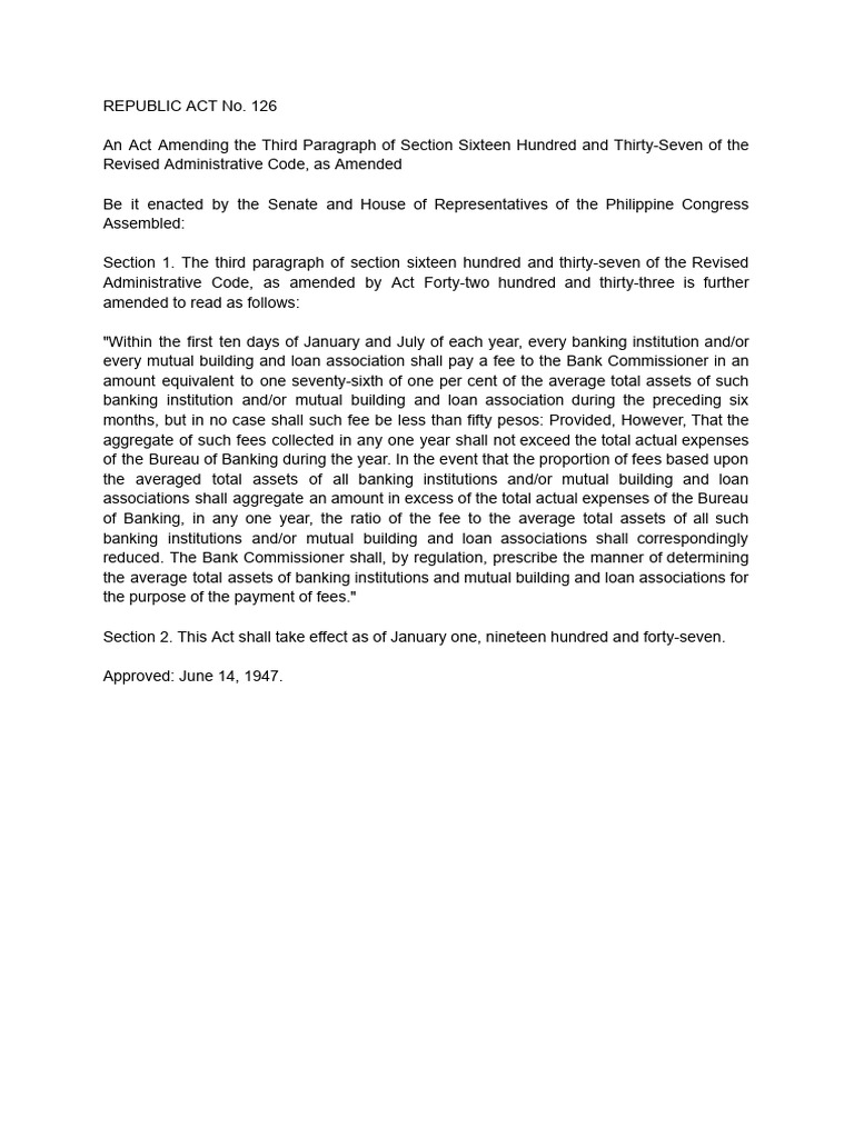Amendment to Banking Fee Regulations | PDF