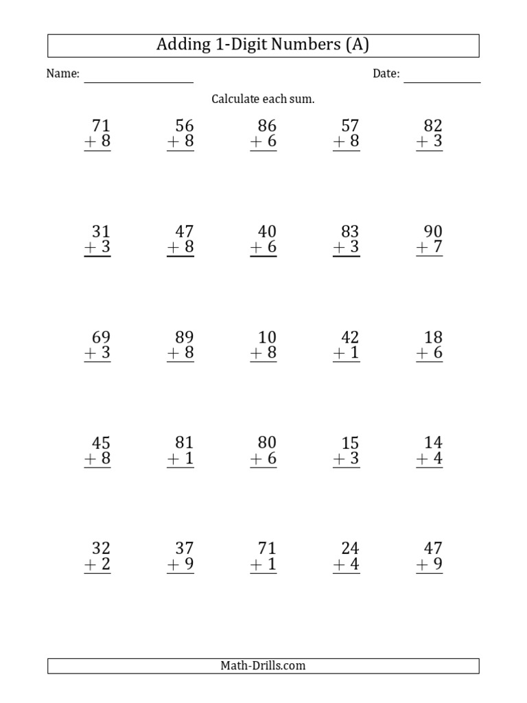 Adding 1-Digit Numbers Practice | PDF