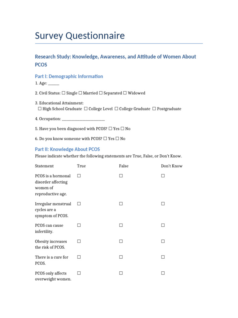 PCOS Survey Questionnaire | PDF | Polycystic Ovary Syndrome | Women's ...