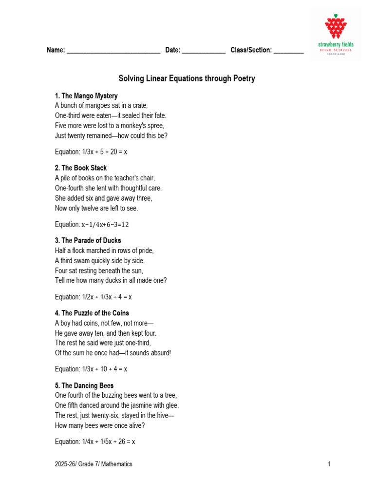 Linear Riddles Worksheet Class7 | PDF