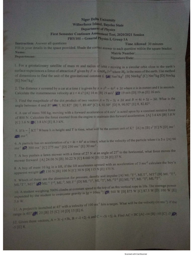 Phy 101 Test Questions and Answers | PDF