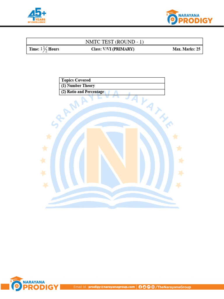 NMTC Test for Class V/VI - Round 1 | PDF | Numbers | Arithmetic