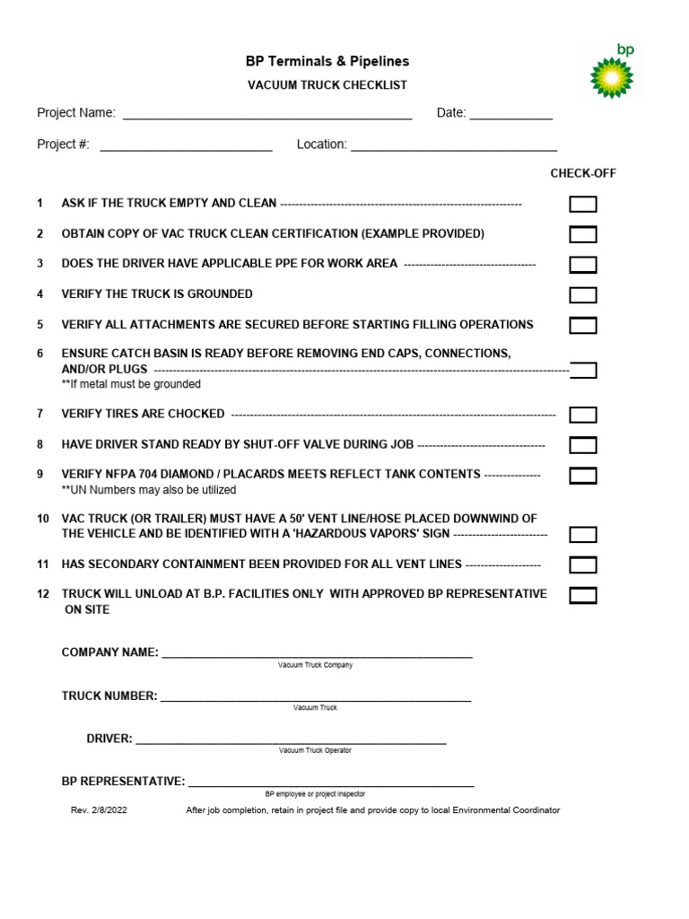 Vac Truck Checklist and Expectations | PDF | Truck | Bp