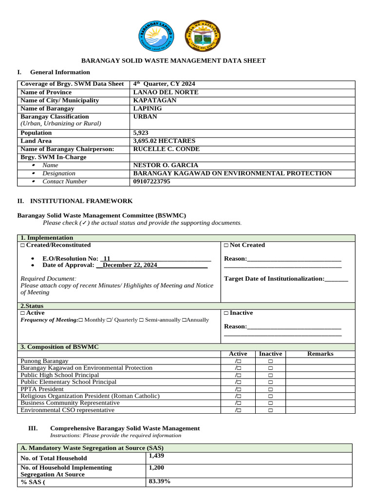 Barangay Solid Waste Management Report | PDF | Waste | Recycling