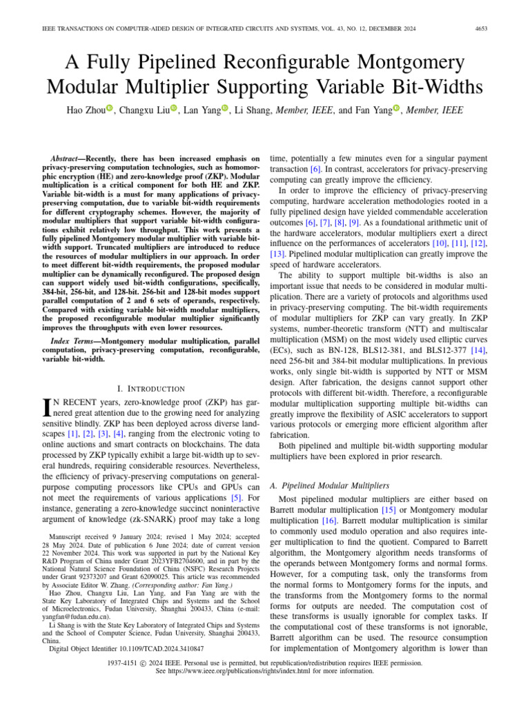 A Fully Pipelined Reconfigurable Montgomery Modular Multiplier Supporting  Variable Bit-Widths | PDF | Multiplication | Central Processing Unit
