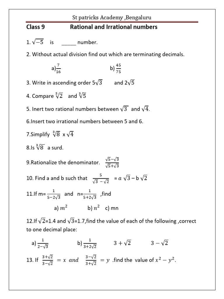 Class 9 Rational and Irrational Numbers | PDF