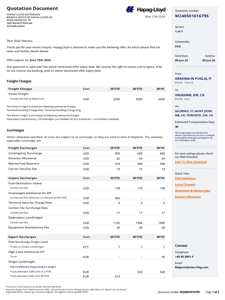 Hapag-Lloyd Quotation W240501616795 | PDF | Fee | Cargo