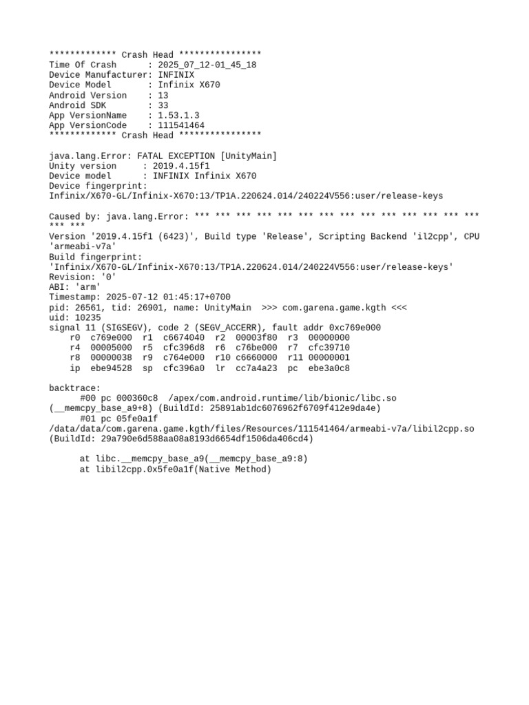Infinix X670 Unity Crash Report | PDF