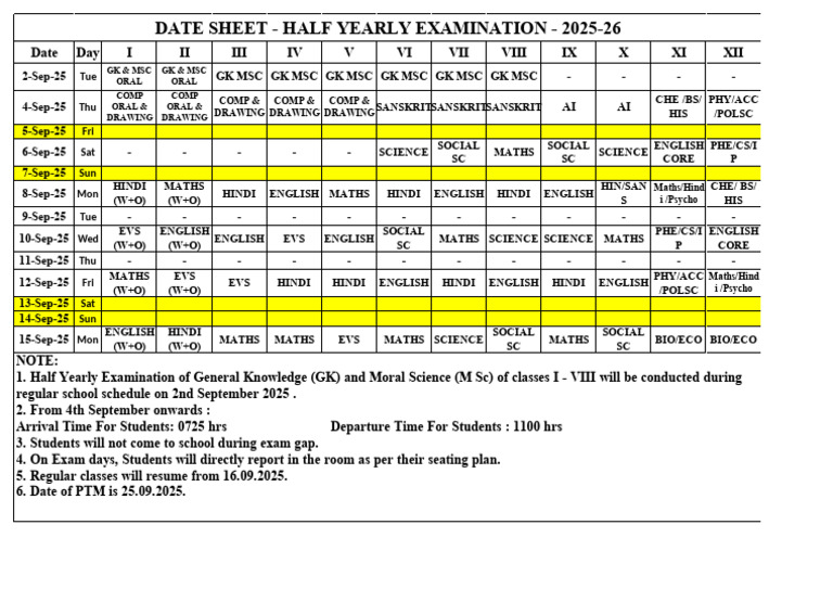 Half Yearly Exam Schedule 2025-26 | PDF | Chess Theory | Chess