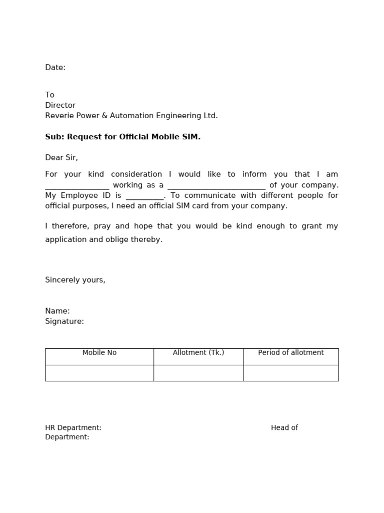 Official SIM Card Request Letter | PDF